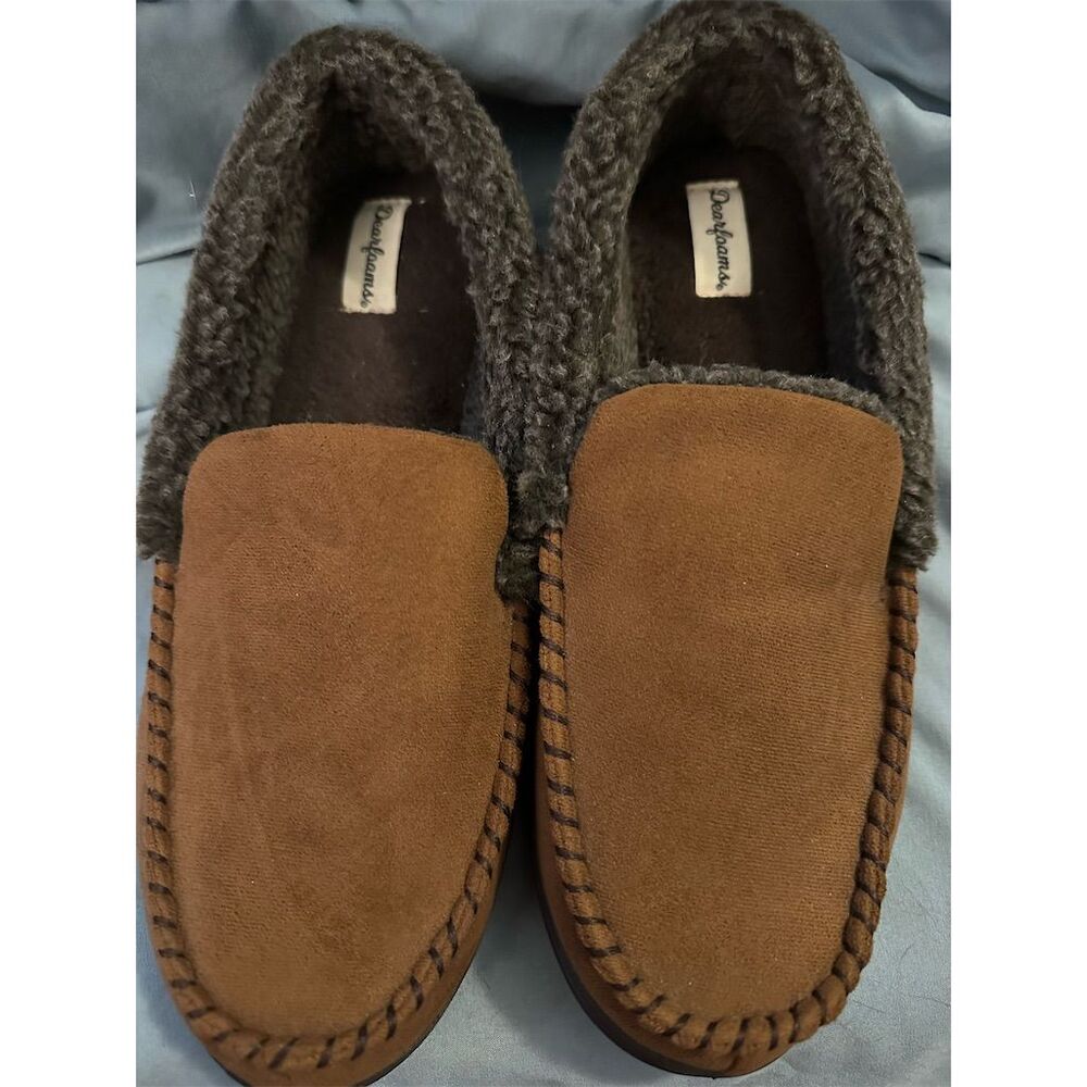 Dearfoams Men's Moccasin Slippers Brown Size 9-10 Indoor/Outdoor